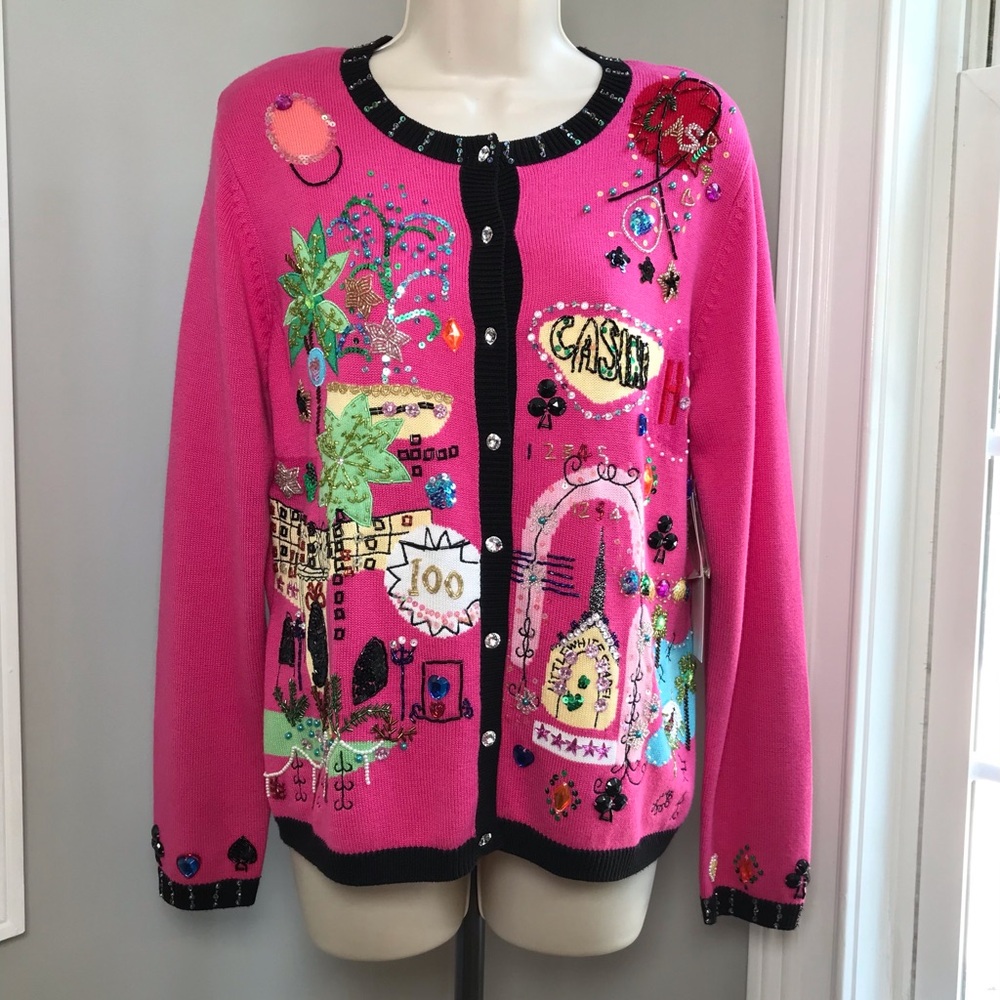 Vintage Berek Las Vegas Casino Travel Cardigan Sweater ~ Women’s Medium NWT - Picture 3 of 13